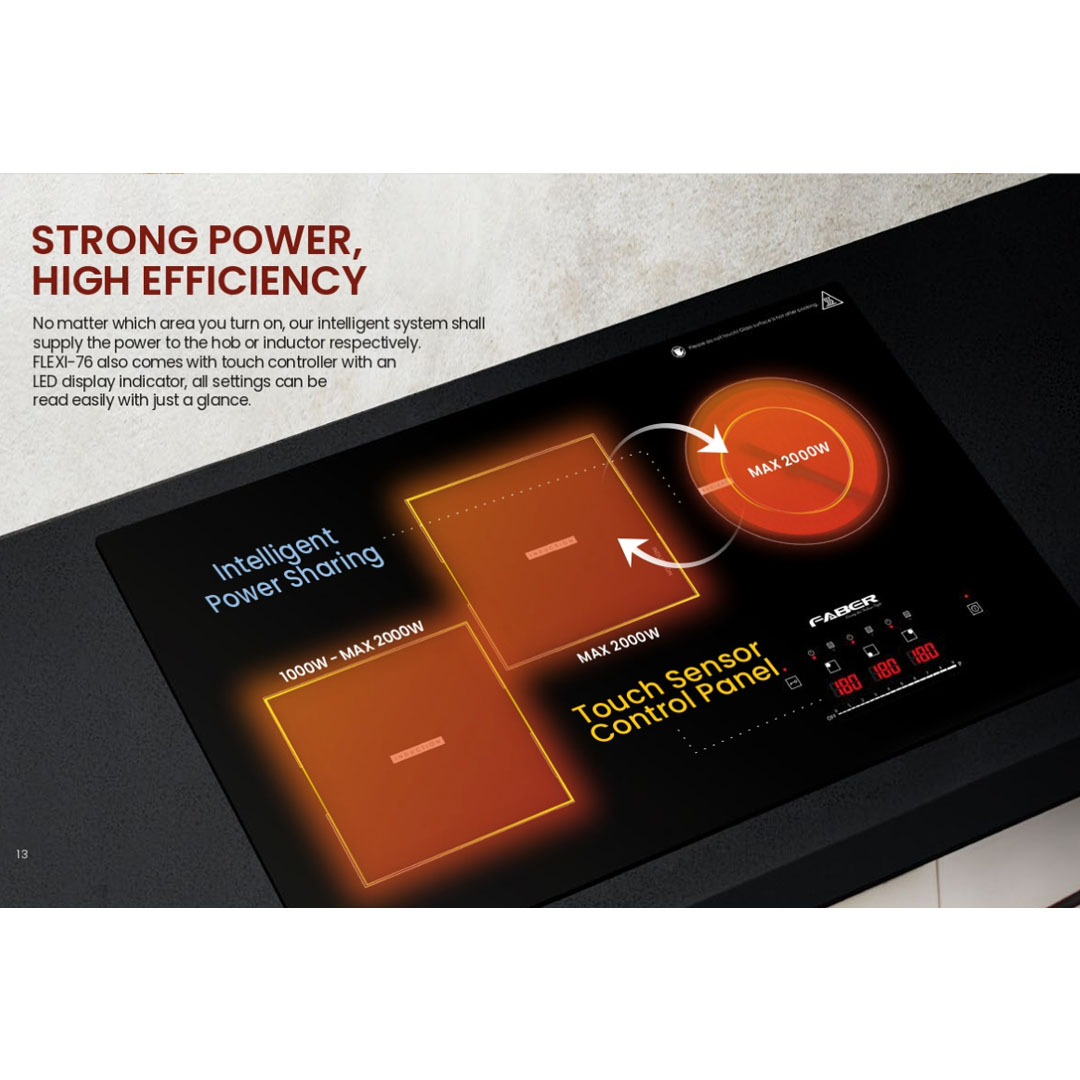 FABER 2Induction+1Ceramic Power Built-In Ceramic Hob PREMIO FLEXI-76 2ID+1C | Touch Sensor Control Panel