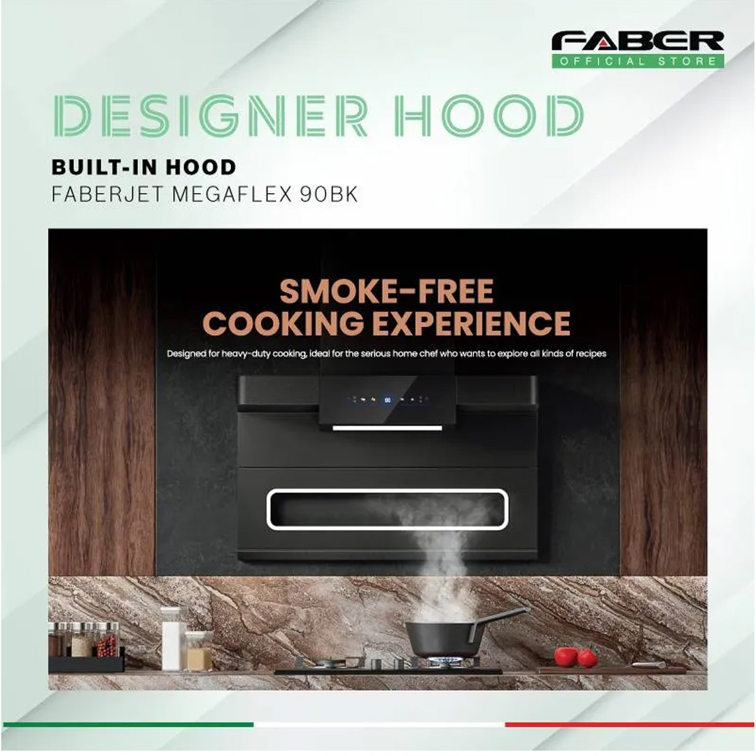 FABER 1600m3/h Designer Hood FABERJET MEGAFLEX 90BK | Tempered Glass Surface | Turbo Speed Function | Auto Heat Cleaning | Hand Wave Control | Cooker Hood with 1 Year Manufacture