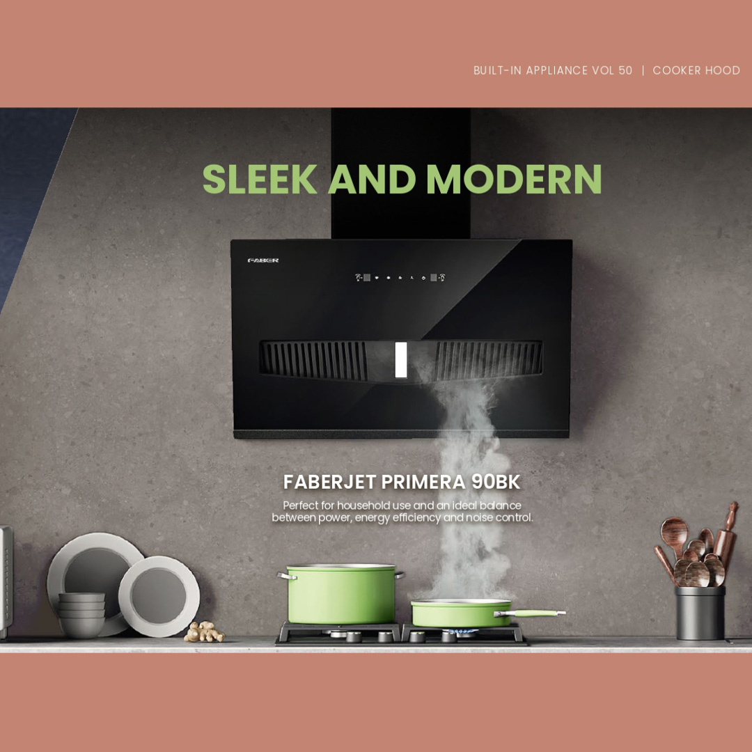 FABER 1800m3/h Designer Hood FABERJET PRIMERA 90BK | Tempered Glass Surface | Turbo Speed Function | Auto Heat Cleaning | Hand Wave Control | Cooker Hood with 1 Year Manufacture