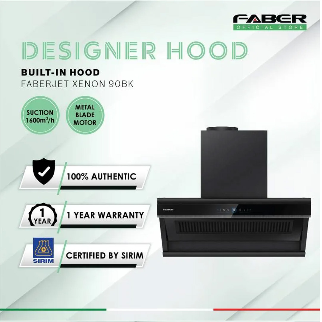 FABER 1600m3/h Designer Hood FABERJET XENON 90BK | Tempered Glass Surface | Turbo Speed Function | Auto Heat Cleaning | Hand Wave Control | Cooker Hood with 1 Year Manufacture