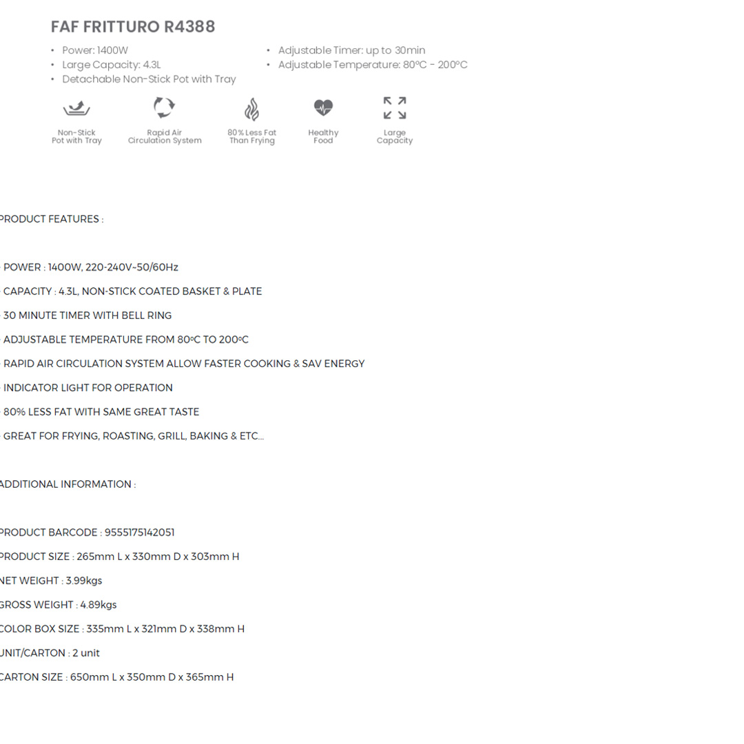 FABER 4.3L Retro Series Air Fryer FAF FRITTURO R4388 | 1400W | Adjustable Temperature From 80ᵒc - 200ᵒc | Large Capacity | Air Fryer with 1 Year Warranty