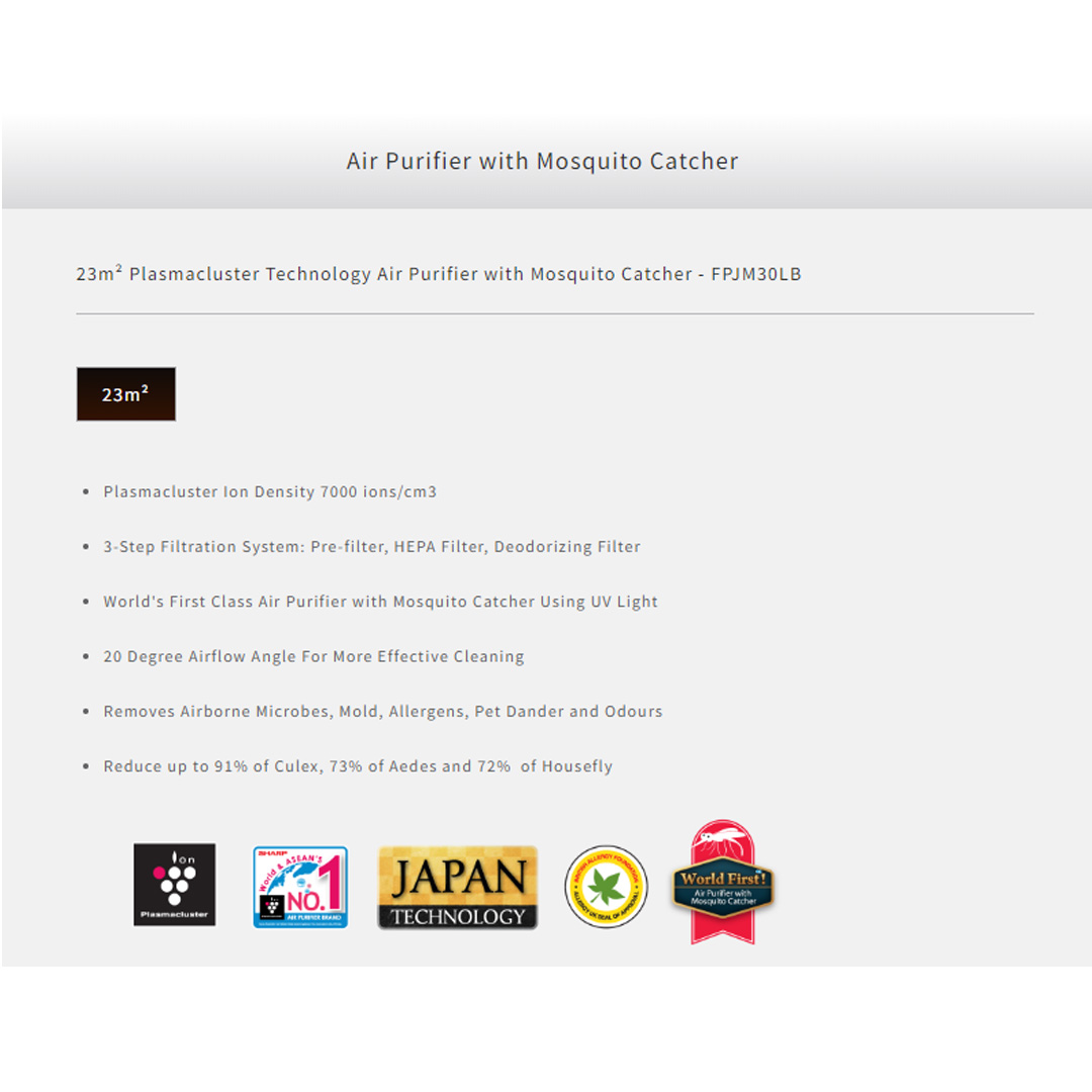 SHARP 23m² Plasmacluster Technology Air Purifier with Mosquito Catcher FPJM30LB | Plasmacluster Ion Density 7000 ions/cm3 | 3 Step Filtration System | Deodorizing | Air Purification with 1 Year Warranty