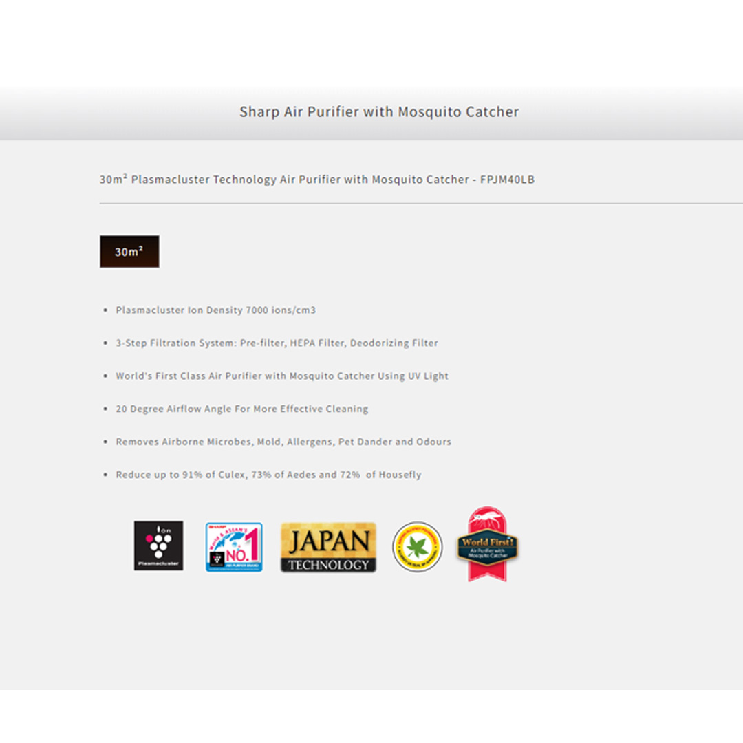 SHARP 30m² Plasmacluster Technology Air Purifier with Mosquito Catcher FPJM40LB | Suppress Mold, Viruses, Allergens, Odors | Sharp Original Airflow at 20° Angle | Timer Function | Air Purifier with 1 Year Warranty