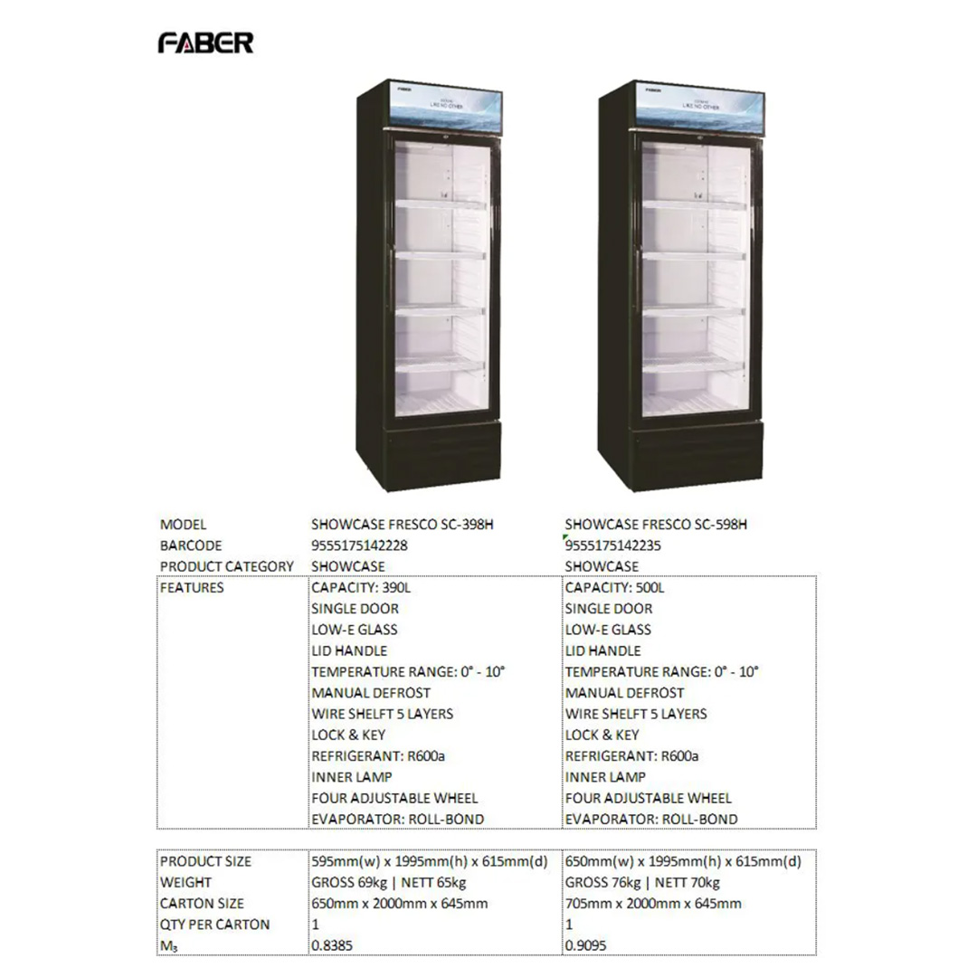 FABER 390L/500L 1 Door Showcase | FRESCO SC-598H / FRESCO SC-398H | Double Layer Transparent Door | Jumbo Pocket | Showcase Door with 1 Year Warranty