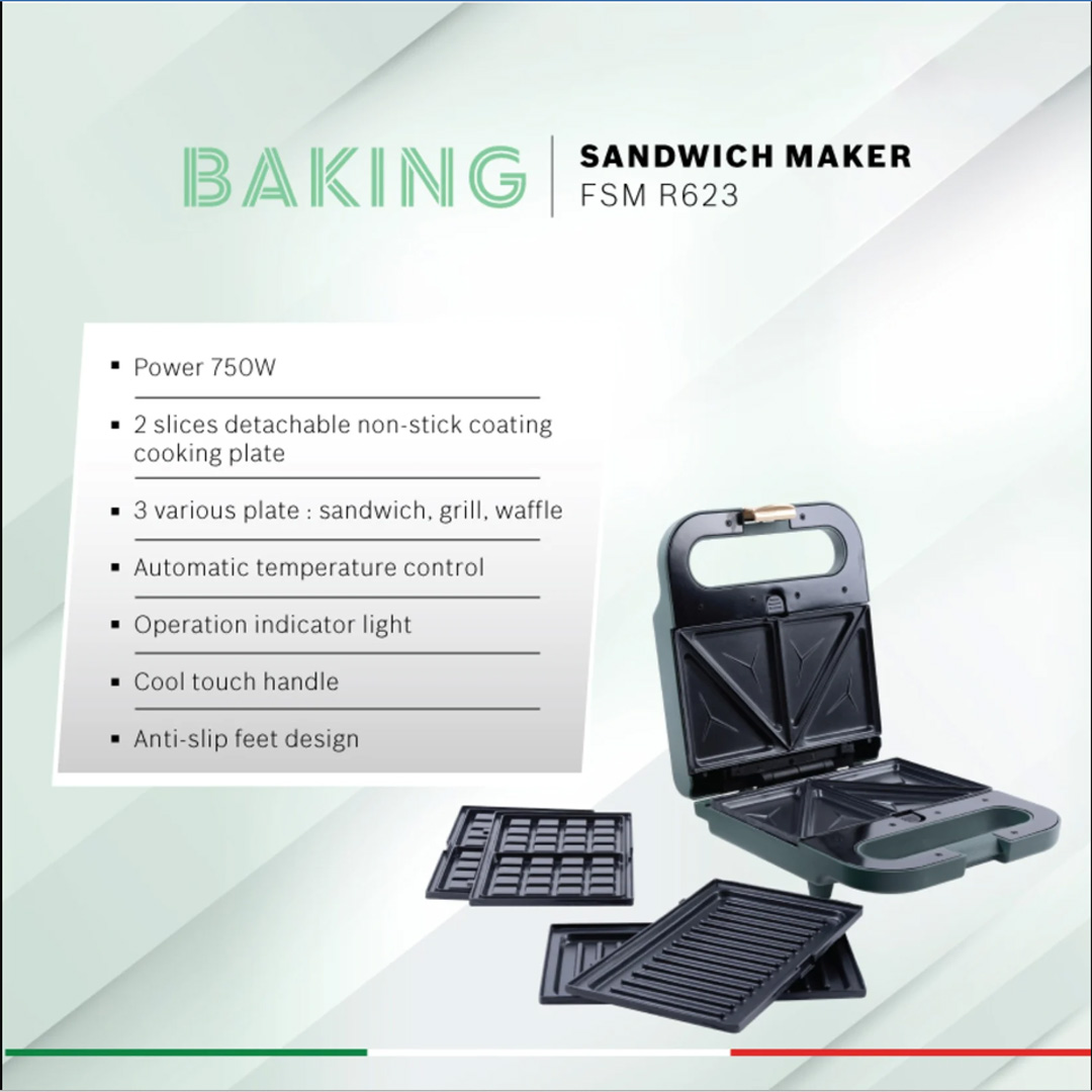 Faber 2 Slices Retro Series Sandwich Maker FSM R623 | Non Stick Plate | Automatic Temperature Control | 3 Variety Plates | Sandwich Maker with 1 Year Warranty
