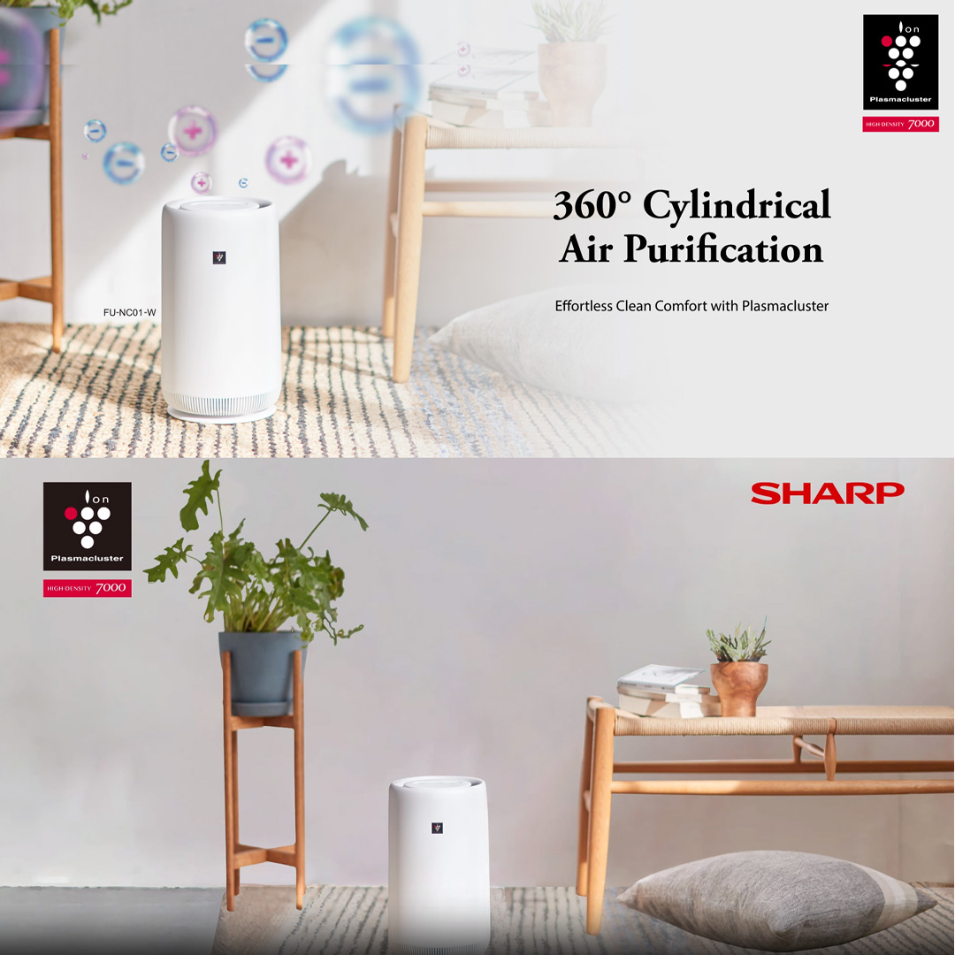 SHARP 10m² Plasmacluster Technology Tower Air Purifier FUNC01W | Removal of Odor | 360° Cylindrical Air Purification | Dust Collection | Deodorization Integrated Filter | Air Purifier with 1 Year Warranty