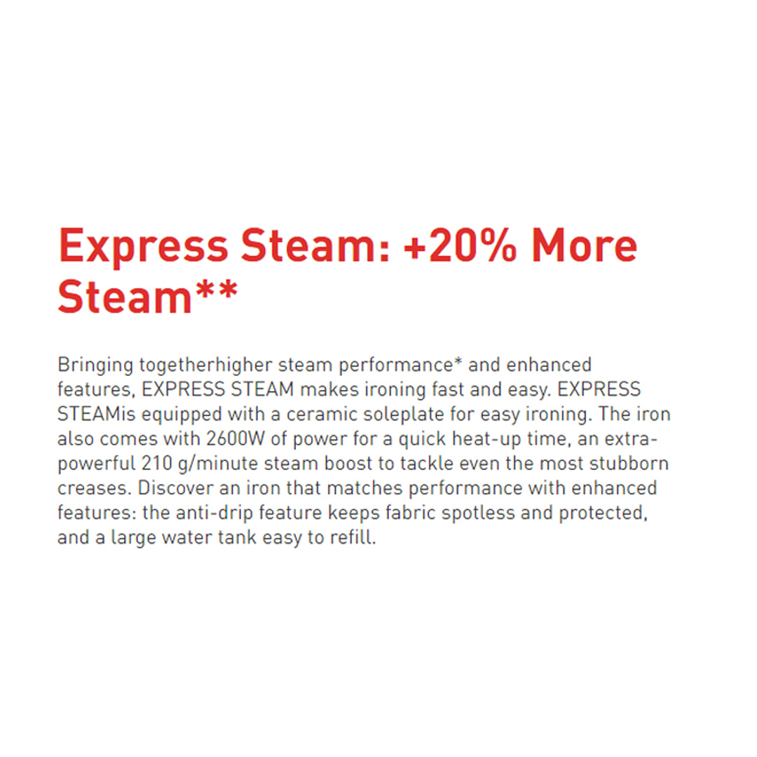 Tefal 2600W Express Steam Steam Iron FV2843 | 210W Steam Boost | 270L Water Tank Capacity | Vertical Steam | Anti-Drip | Steam Iron with 2 Year Warranty