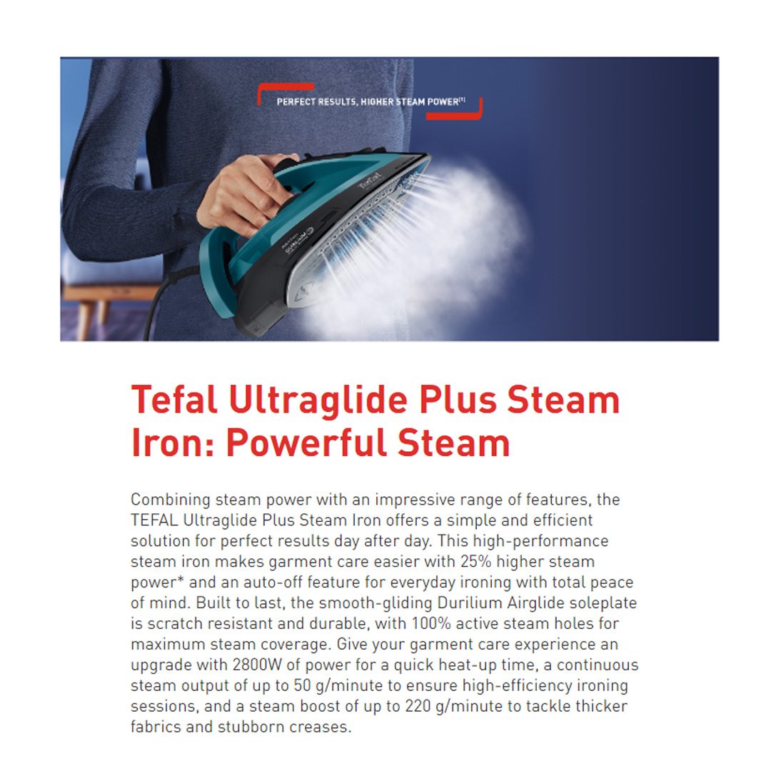Tefal 2800W Ultraglide+ Steam Iron FV5847 | Vertical Steam | Anti-Drip | Auto-Off | 270 Water Tank Capacity | Spray  | Steam Iron with 2 Year Warranty