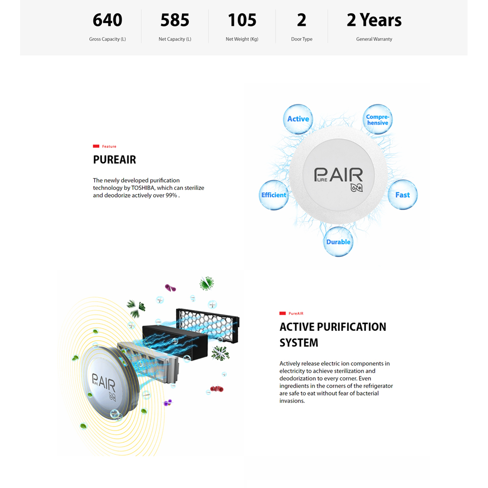 TOSHIBA 640L Side by Side Origin Inverter Refrigerator GR-RS755WIA-PGY(22) | Touch Digital Panel | TSmartLife Smart Control | Origin Inverter | 2  Year General Warranty   12 Year Motor Warranty