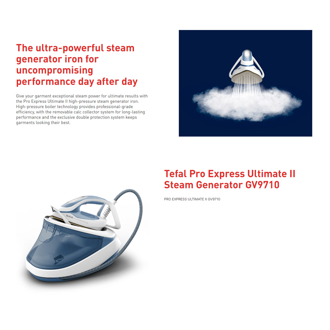 Tefal 2700W Pro Express Ultimate II Steam Generator Iron GV9710 | Vertical Steam | High Pressure Boiler | Lock-System | Steam Iron with 2 Year Warranty