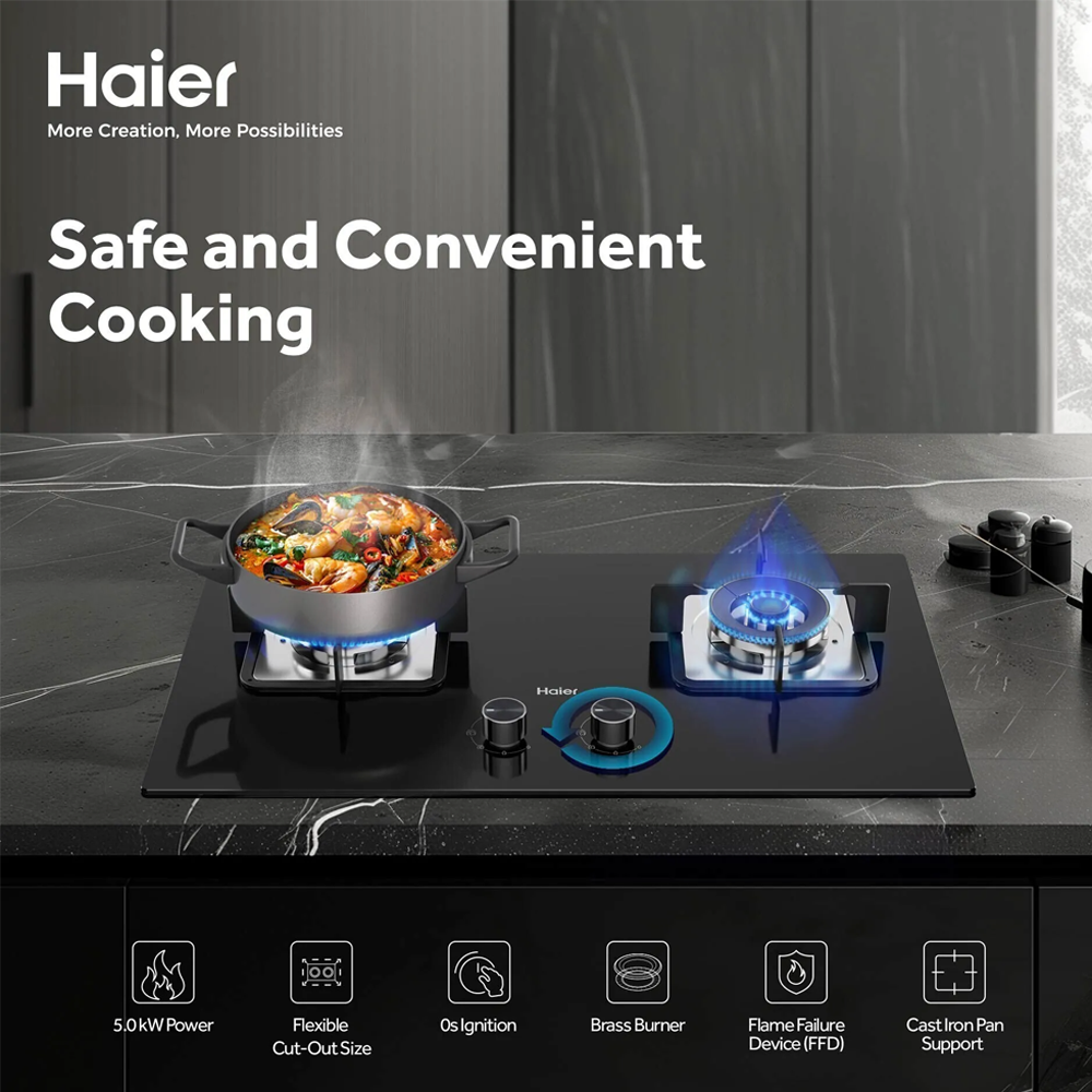 HAIER 2 Burners Built-In Tempered Glass Gas Hob HC-Q572SGB | 5.0kW Power | Flexible Cut Out Size
