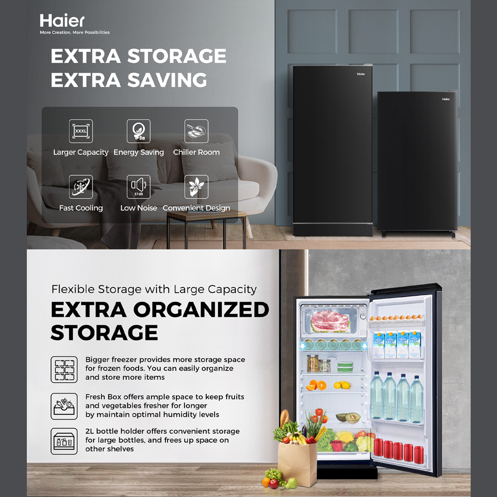 HAIER 208L 1 Door Refrigerator HR-208H | Non-Inverter | Low Energy Consumption | LED Lighting | Direct Cooling