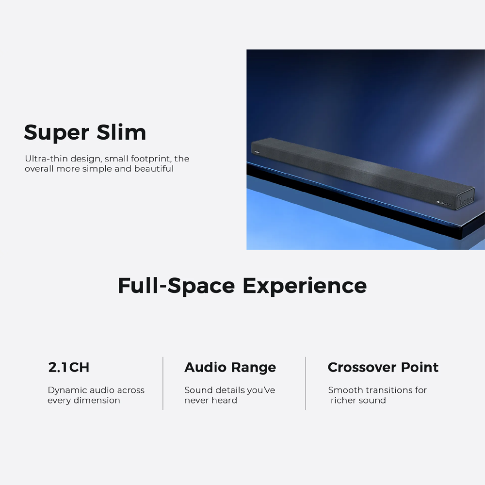 HAIER 120W Sound Bar HSD210K6 | 2.1 Dolby Atmos | HDMI/Bluetooth Connection | Super Slim | Multi Mode Control