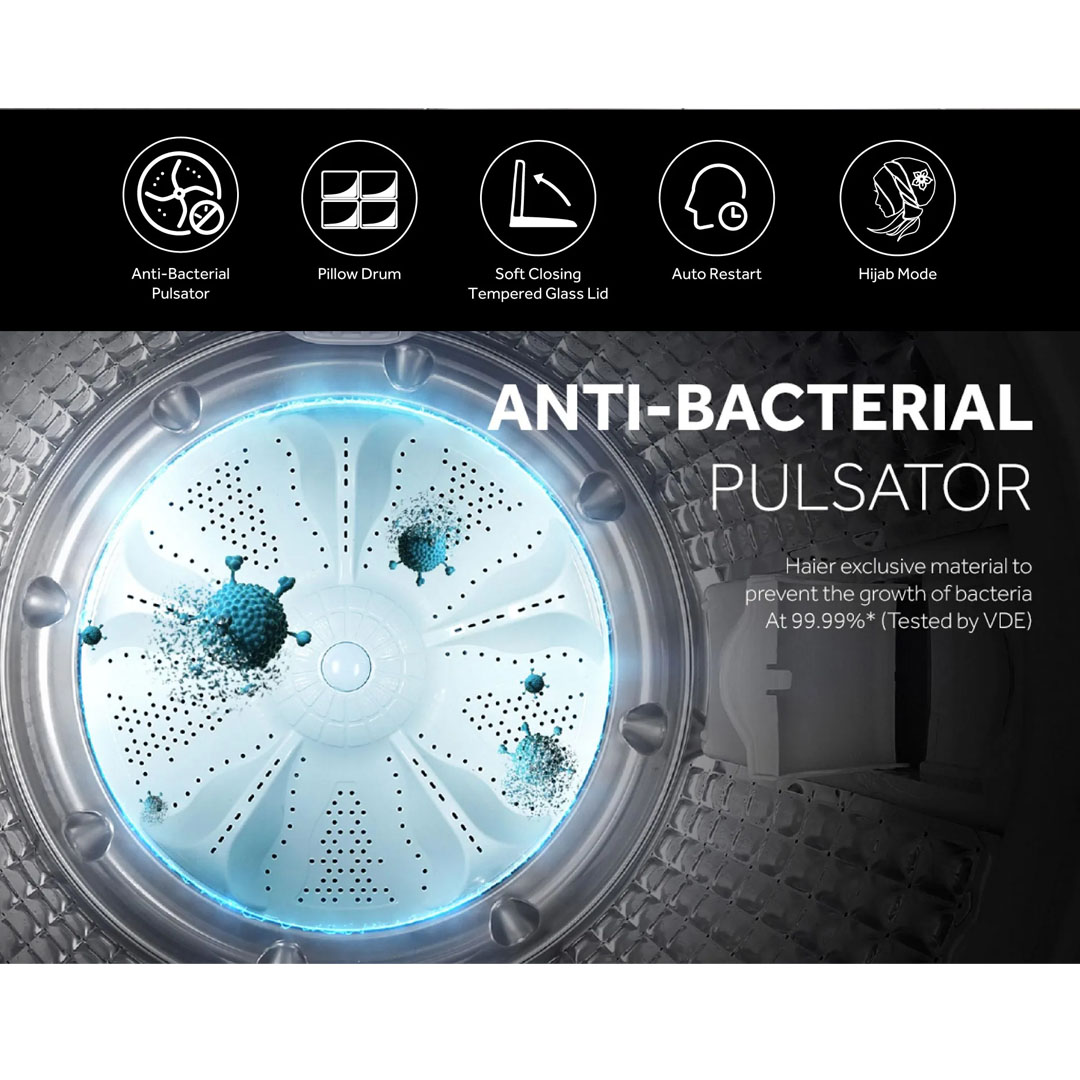 HAIER 12KG / 15KG Top Load Non-Inverter Washing Machine | HWM120-316S6 / HWM150-316S6 | Pillow Drum | Hijab Mode | Soft Closing Tempered Glass Lid | Washing Machine with 2 Year Warranty