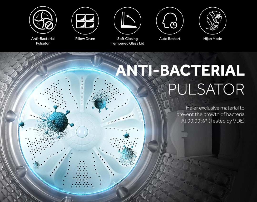 HAIER 8KG Top Load Inverter Washing Machine HWM80-316S6 | Anti-Bacterial Pulsator | Auto Restart | Hijab Mode | Pillow Drum | Washing Machine with 2 Years Warranty