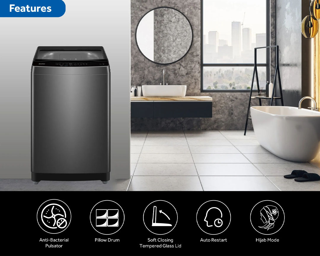HAIER 9KG Top Load  Washing Machines HWM90-316S6 | Pillow Drum | Hijab Mode | Auto Restart | Anti-Bacterial Pulsator | Washing Machine with 2 Years Warranty