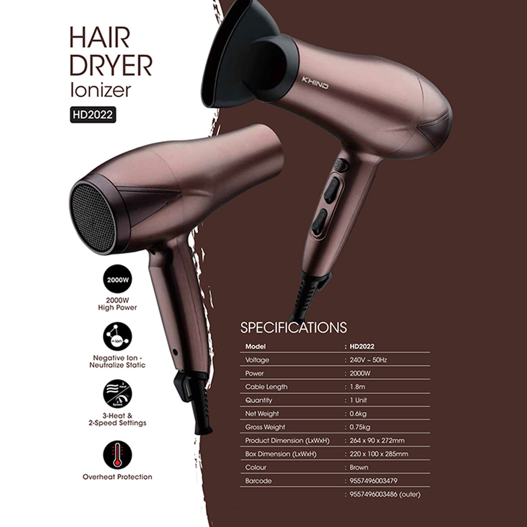 KHIND 2000W Hair Dryer with Ionizer HD2022 | Overheat Protection | 3-Heat | 2-Speed Settings | Negative Ion - Neutralize Static | Hair Dryer with 1 Year Warranty