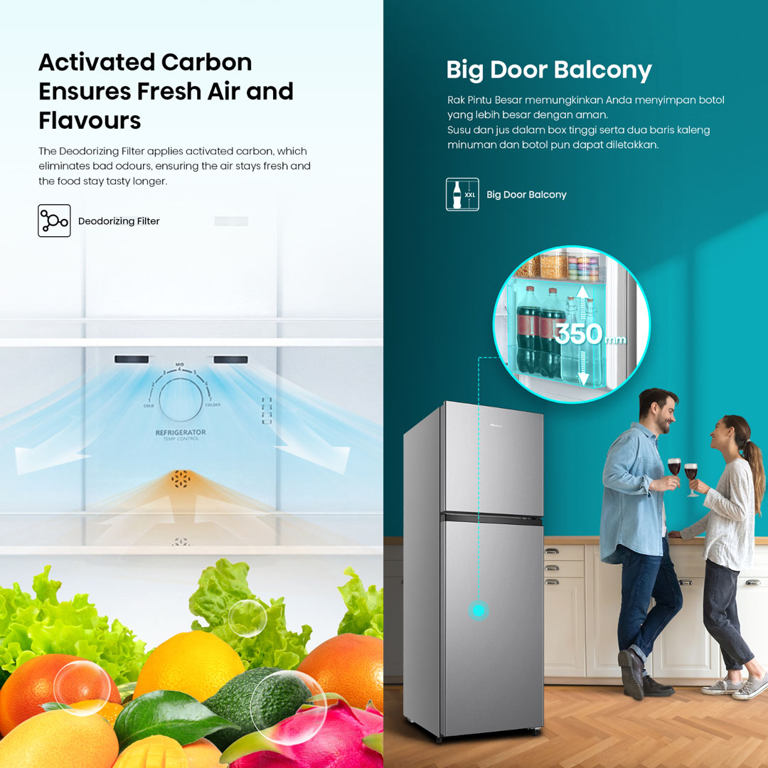 HISENSE 200L 2 Doors Top Mount Non Inverter Refrigerator RT208N4ASN | 90° Door Design | LED Lighting :Illuminate Every Corner | Big Door Balcony | Multi Air Flow | Refrigerator with 2 Years Warranty