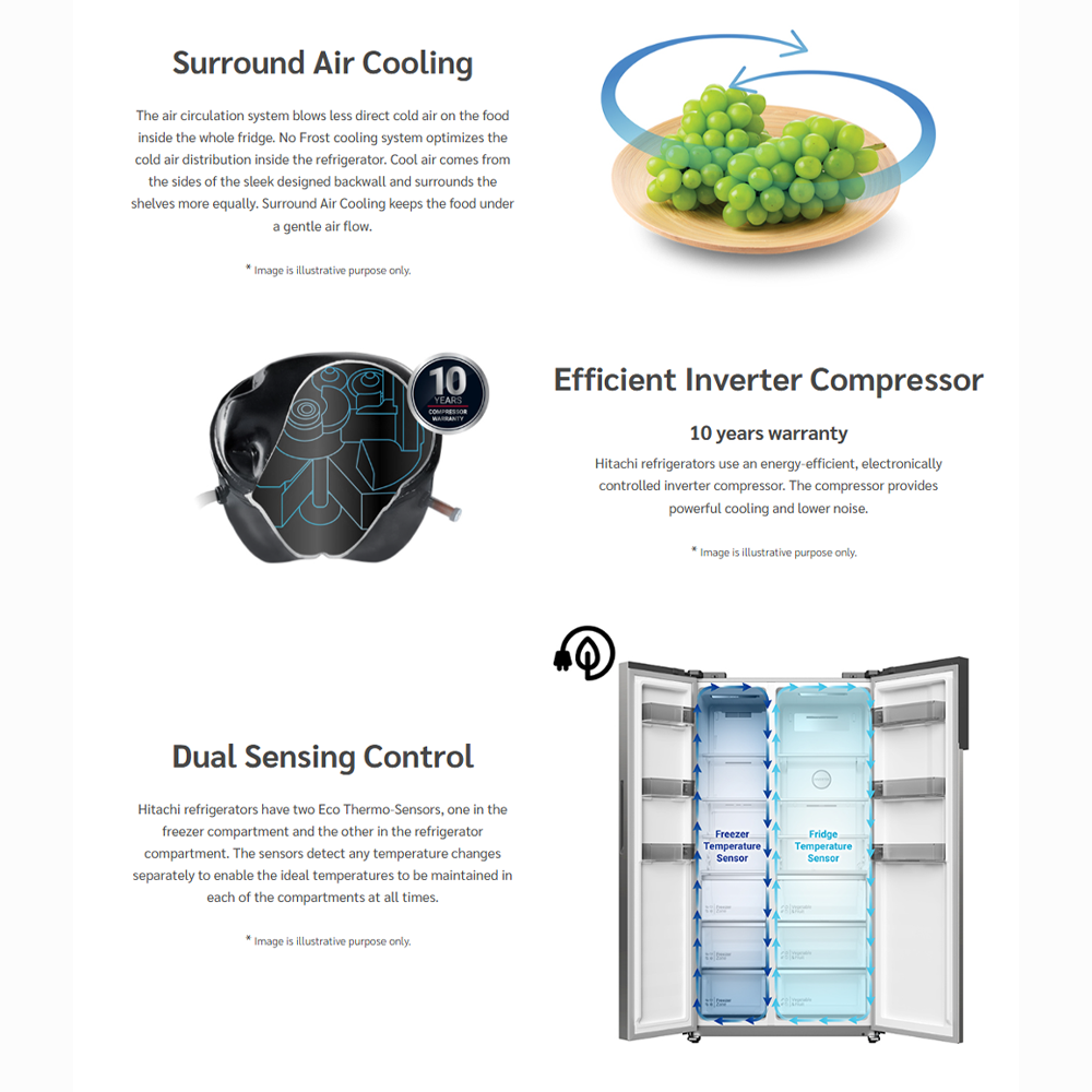 Hitachi 552L Side by Side Inverter Refrigerator HRSN9552DGBMY | 3 Layer Storage Drawers| Mirror Touch Controller