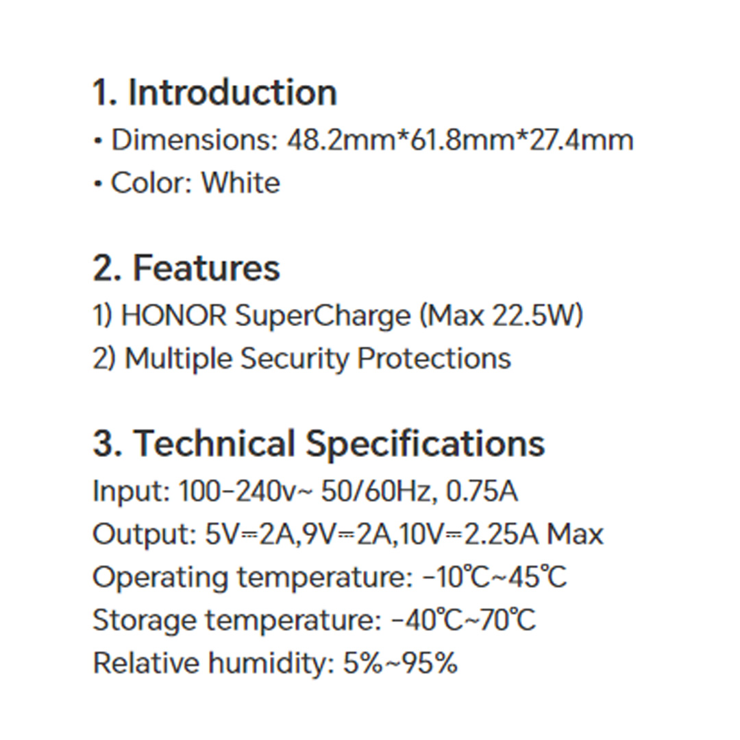 HONOR 22.5W SuperCharge Power Adapter HN-100225B00 | Multiple Security Protections | Input: 100-240v | Output: 5v-2A | Power Adapter with 1 Year Warranty