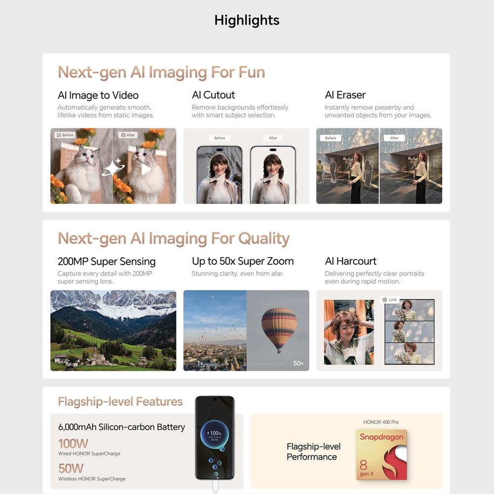 HONOR 400 Pro 12GB+512GB | 200MP Main Camera | 6.7 inch | Qualcomm SM8650-AB Snapdragon 8 Gen 3 (4 nm) | Li-Po 6000 mAh,Fast charging 100W | Android 15, MagicOS 9