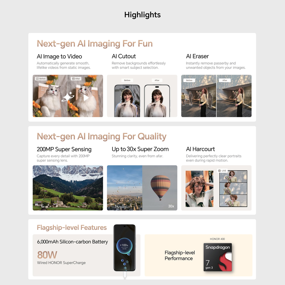 HONOR 400 12GB+256GB/ 12GB+512GB | 200MP Main Camera | 6.55 inch | Qualcomm SM7550-AB Snapdragon 7 Gen 3 (4 nm) | Li-Po 6000 mAh,Fast charging 80W