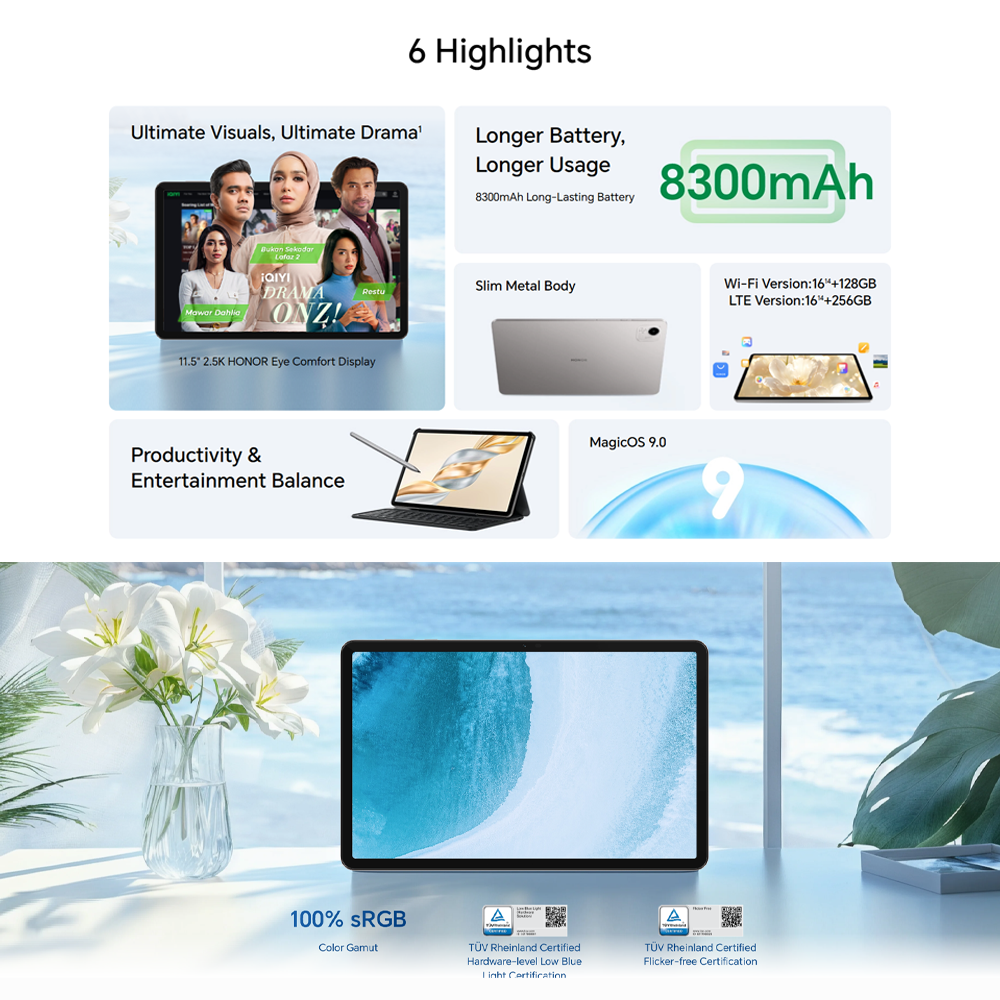 HONOR Pad X9a LTE 8GB+8GB+256GB / Wi-Fi 8GB+8GB+128GB | 11.5 inch | 8MP Rear Camera | Qualcomm SM6225 Snapdragon 685 (6 nm) | Li-Po 8300 mAh, 35W wired