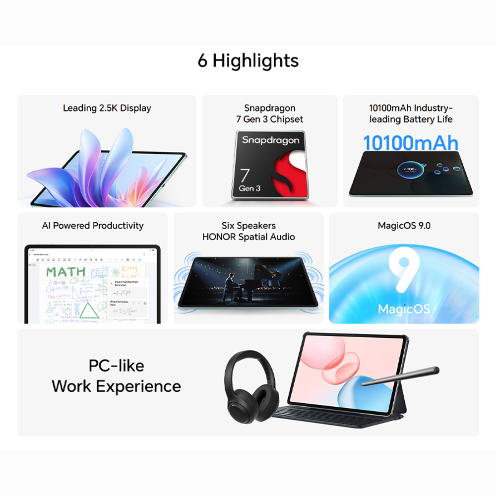 HONOR Pad 10 Wi-Fi 8GB+256GB | 8MP Main Camera | 12.1 inch | Qualcomm SM7550-AB Snapdragon 7 Gen 3 (4 nm) | Li-Po 10100mAh | Android 15, MagicOS 9
