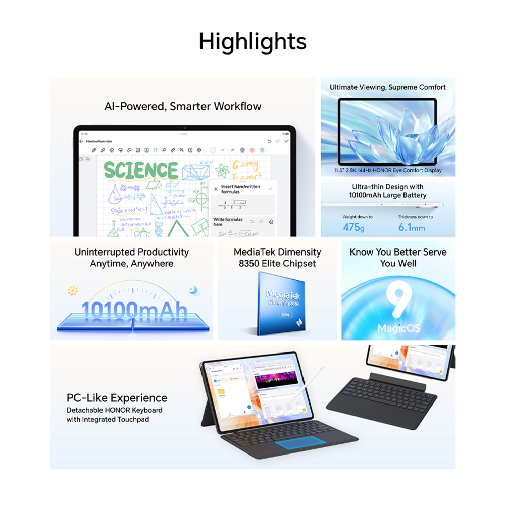 HONOR Pad V9 12GB+12GB+256GB | 11.5 inches | 13MP Camera | Mediatek Dimensity 8350 (4 nm) | Li-Po 10100mAh