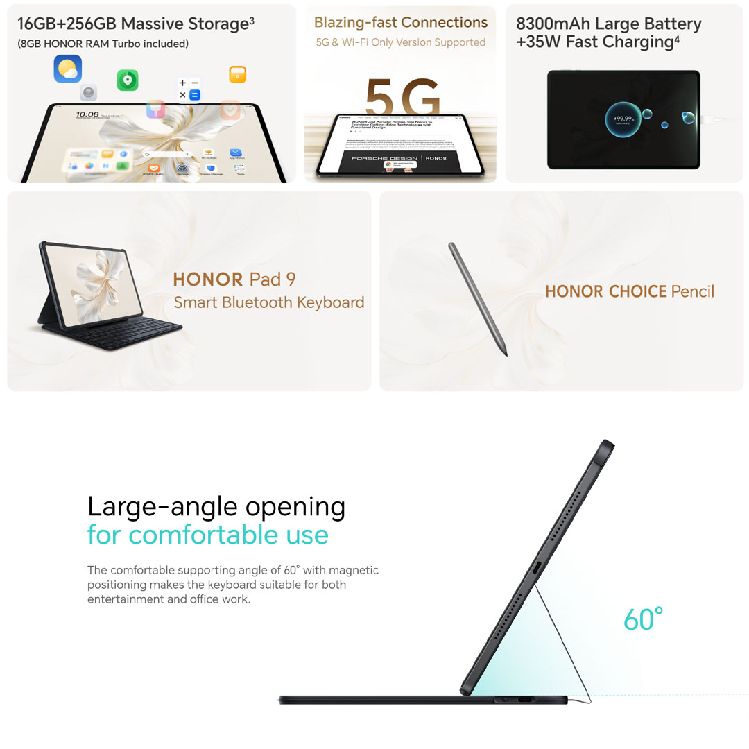 HONOR Pad 9 16GB+256GB | 8300mAh Large Battery +35W Fast Charging4 | 4nm Snapdragon 6 Gen 1 Chipset | Blazing-fast Connections 5G & Wi-Fi Only Version Supported | Tablet with 1 Year Warranty