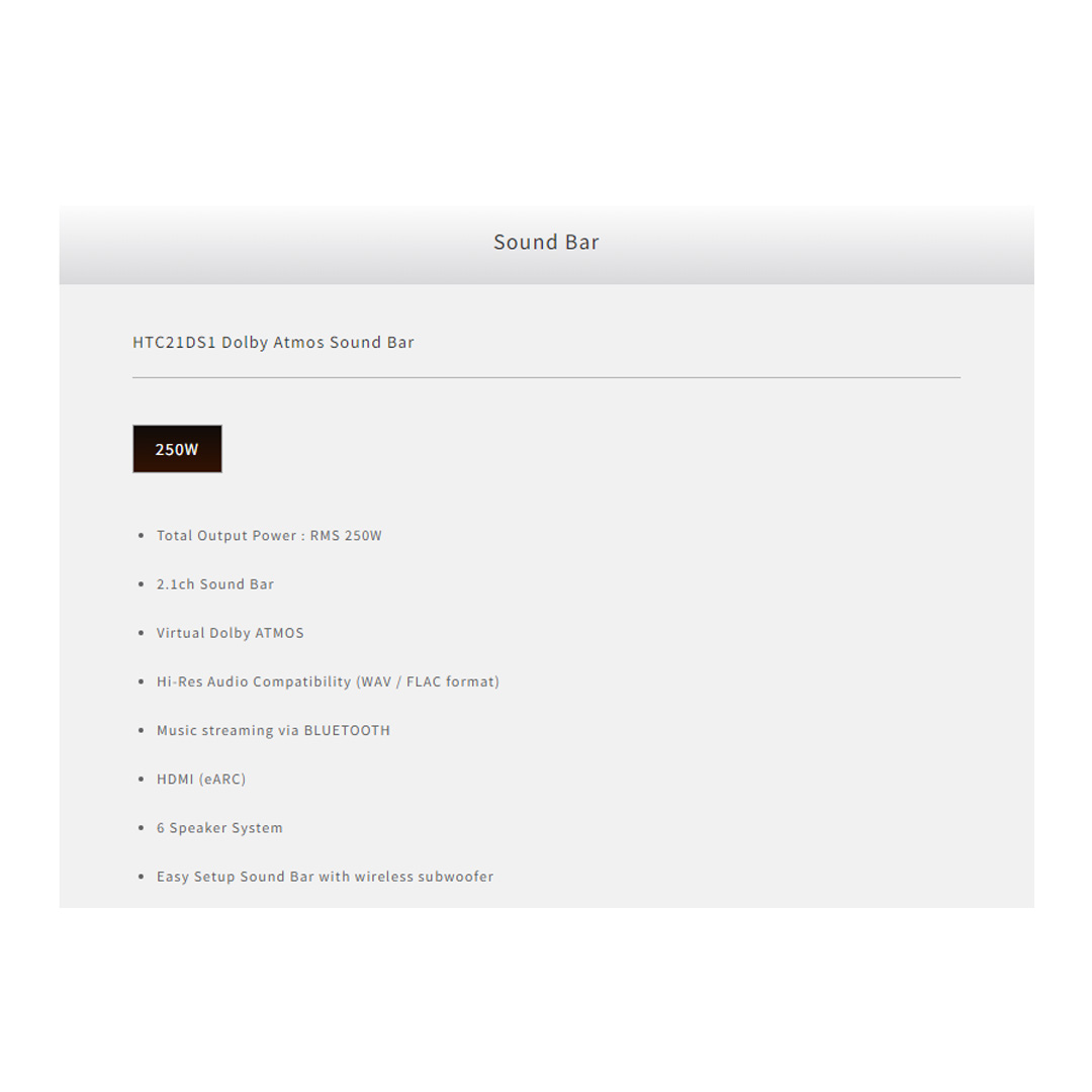 SHARP 250W 2.1ch Dolby ATMOS Sound Bar with Wireless Subwoofer HTC21DS1 | 6 Speaker System | Bluetooth | HDMI (eARC) | Sound Bar with 1 Year Warranty