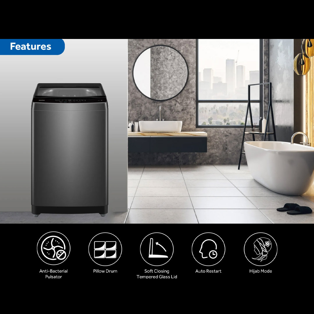 HAIER 10KG Top Load Non-Inverter Washing Machine Starry Silver HWM100-316S6 | Auto Restart | Anti-Bacterial Pulsator | Pillow Drum | Hijab Mode | Washing Machine with 2 Years Warranty