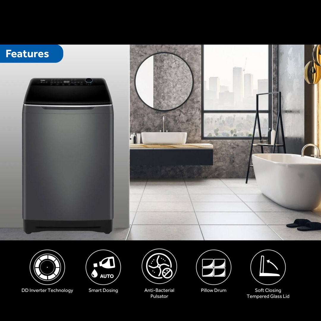 HAIER 20KG Top Load DD Inverter Washing Machine Graphite Silver HWM200-BD2178S8 | DD Inverter | Auto Dosing | Soft Closing Tempered Glass Lid | Washing Machine with 2 Years Warranty