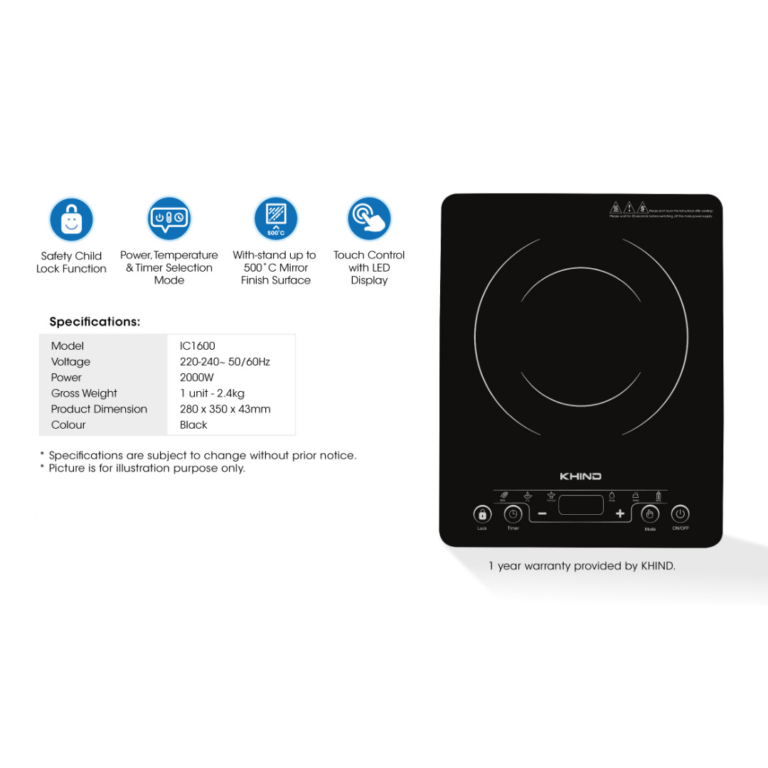 KHIND 2000W Induction Cooker IC1600 Withstand up to 500 Celsius Sa
