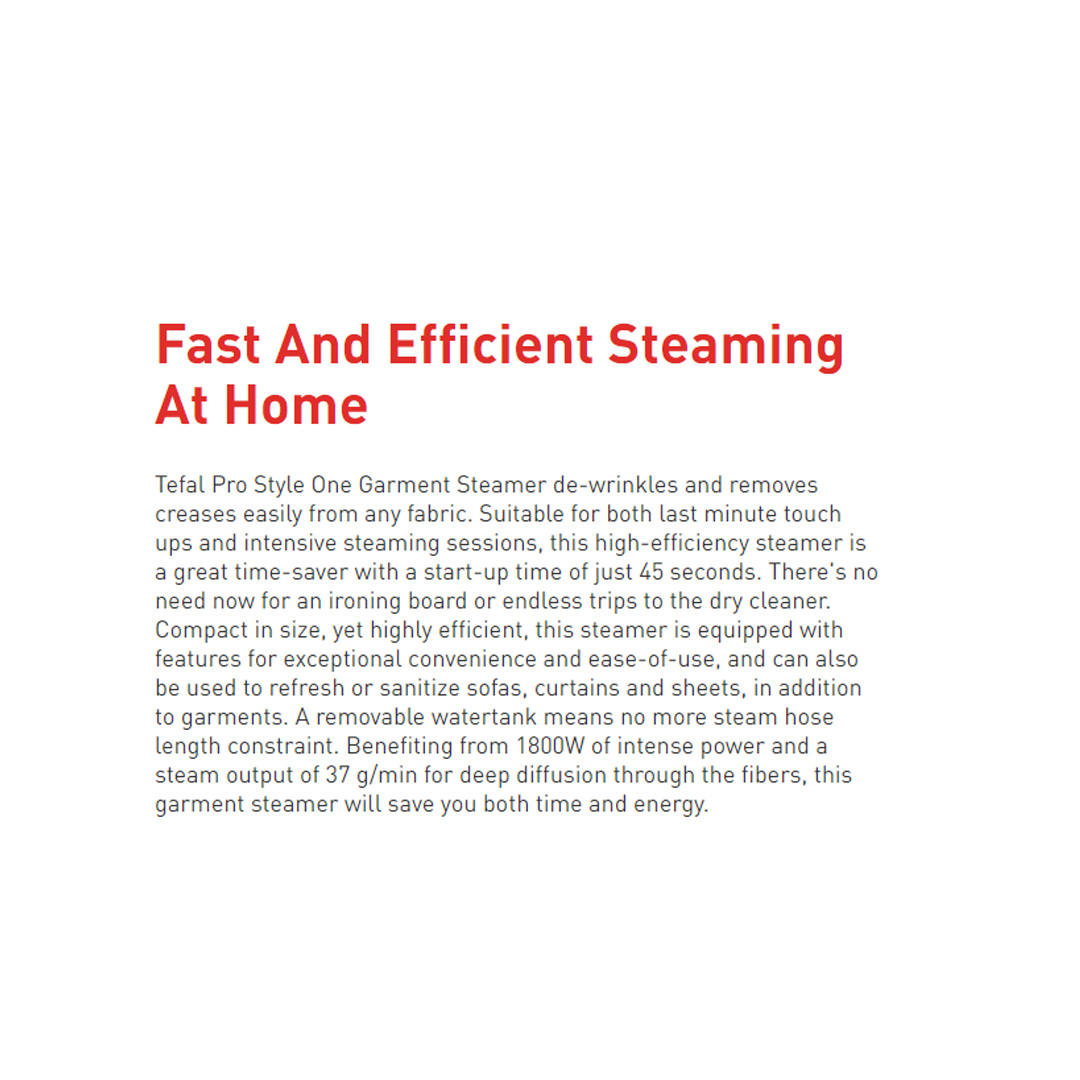 Tefal 1800W Pro Style Garment Steamer IT2440 | 2 Steam Setting | 45 Second Heat-Up Time | Sanitize | Removable Water Tank | Garment Steamer with 2 Year Warranty
