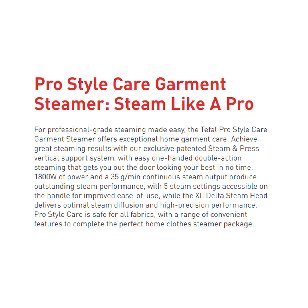 Tefal 1800W Pro Style Care Garment Steamer IT8460 | Auto-Off | Removable Water Tank | Sanitize | 45 Second Heat Time | Garment Steamer with 2 Year Warranty