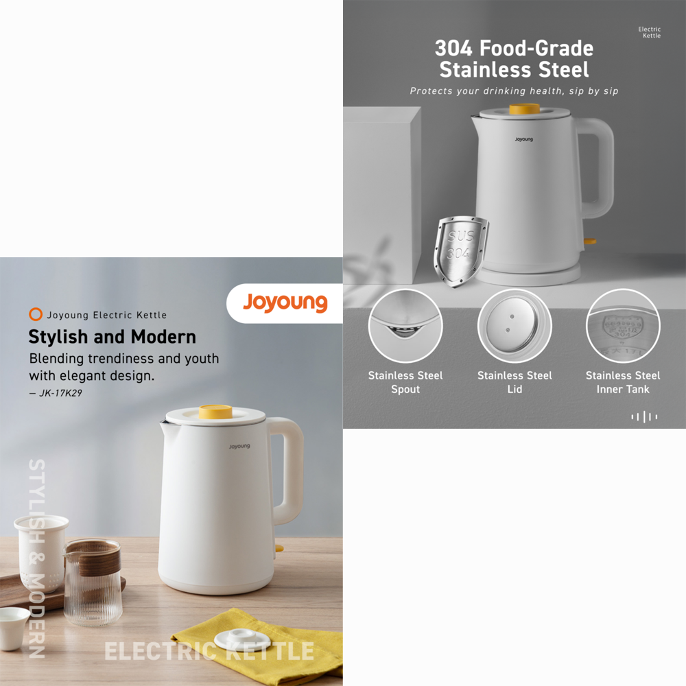 Joyoung 1.7L 304 Stainless Steel Kettle JK-17K29 | Fast Boil | Heat Protection | Easy Clean Design