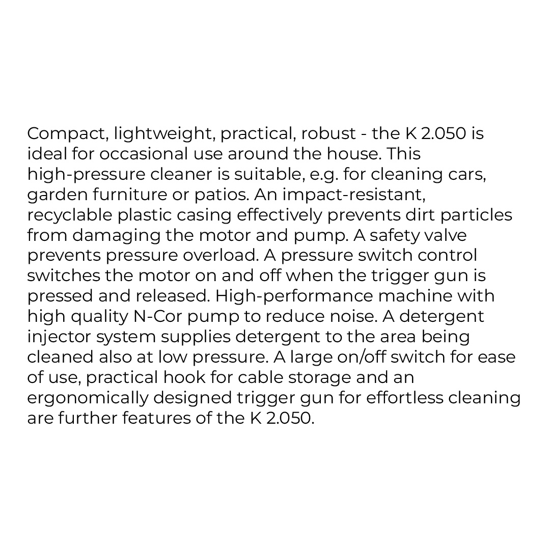Karcher 100 bar Pressure Washer K 2.050 | High-Pressure Hose | Integrated Water Filter | Hooked on Tidiness | Pressure Washer with 1 Year Warranty
