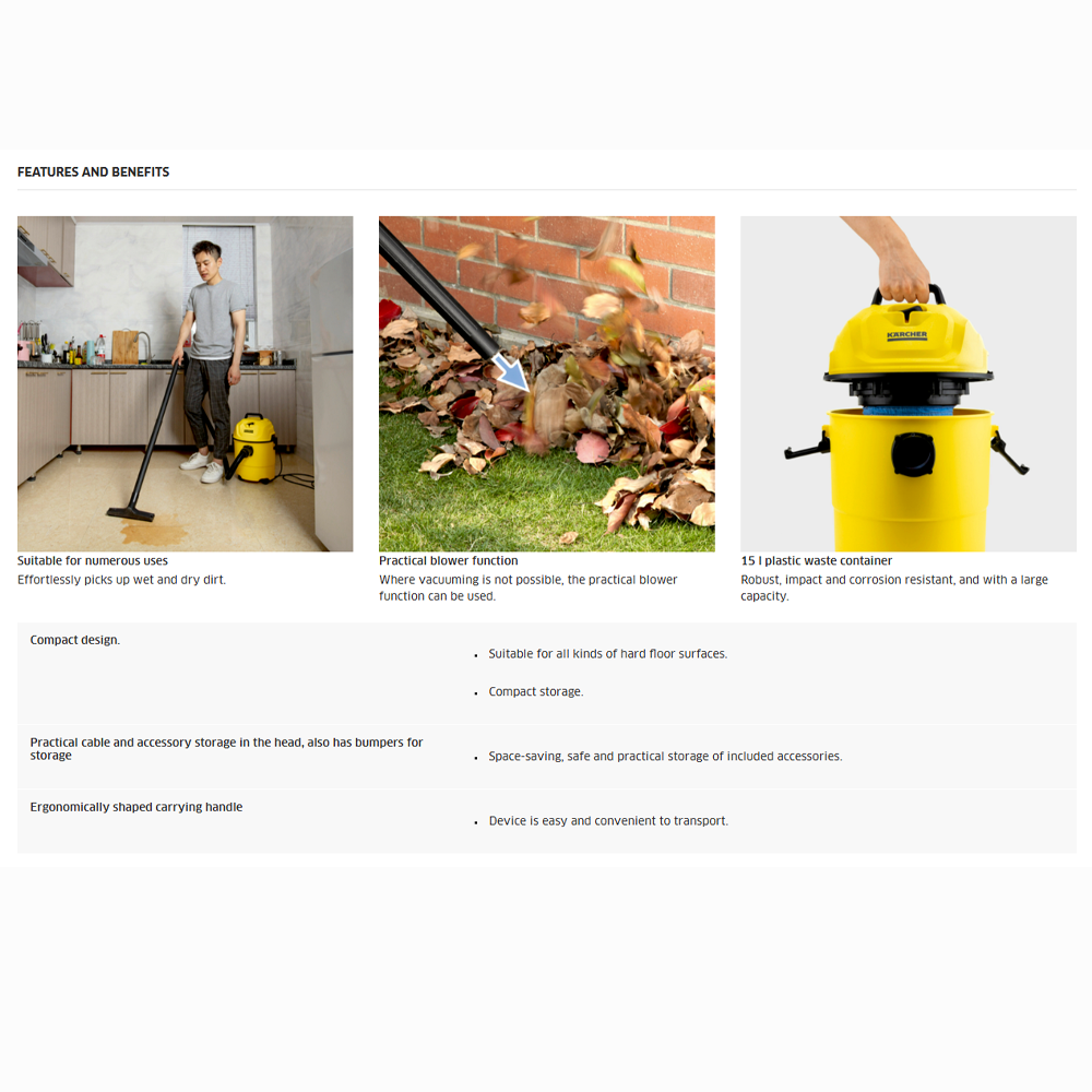Karcher 1200W Wet & Dry Vacuum Cleaner Yellow | WD 1 Classic| Suitable for numerous uses | 15L plastic waste container | Practical blower function