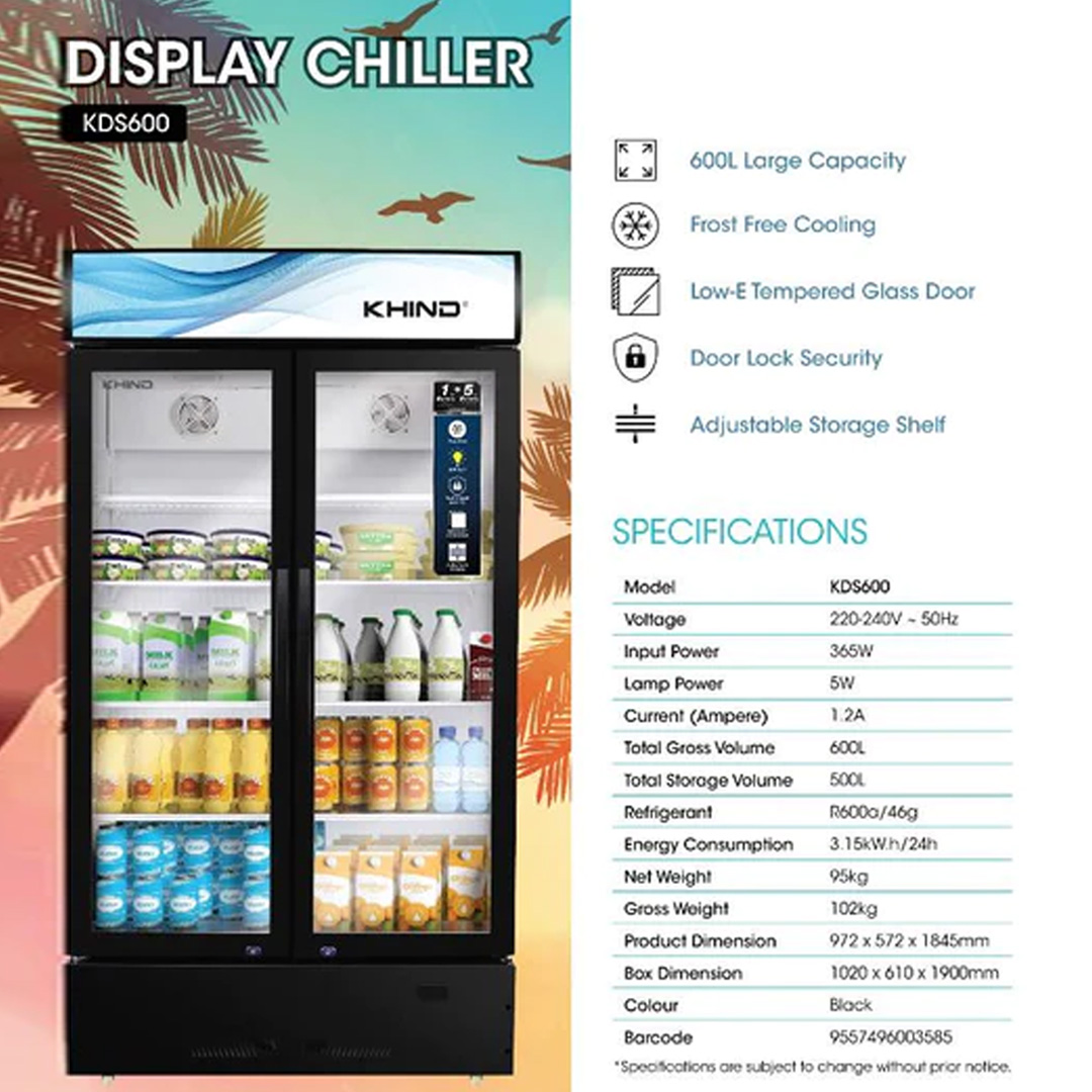 KHIND 600L 2 Doors Display Chiller KDS600 | Frost Free Cooling | Door Lock Security | Adjustable Storage Shelf | Display Chiller with 1 Year Warranty