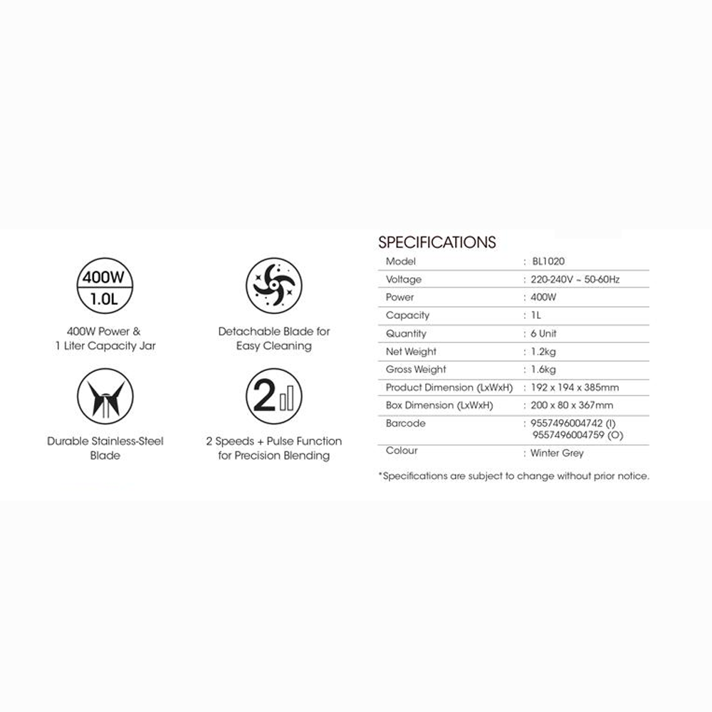 KHIND 1L Blender BL1020 | Detachable Blade for Easy Cleaning | Durable Stainless Steel Blade | 400W Power