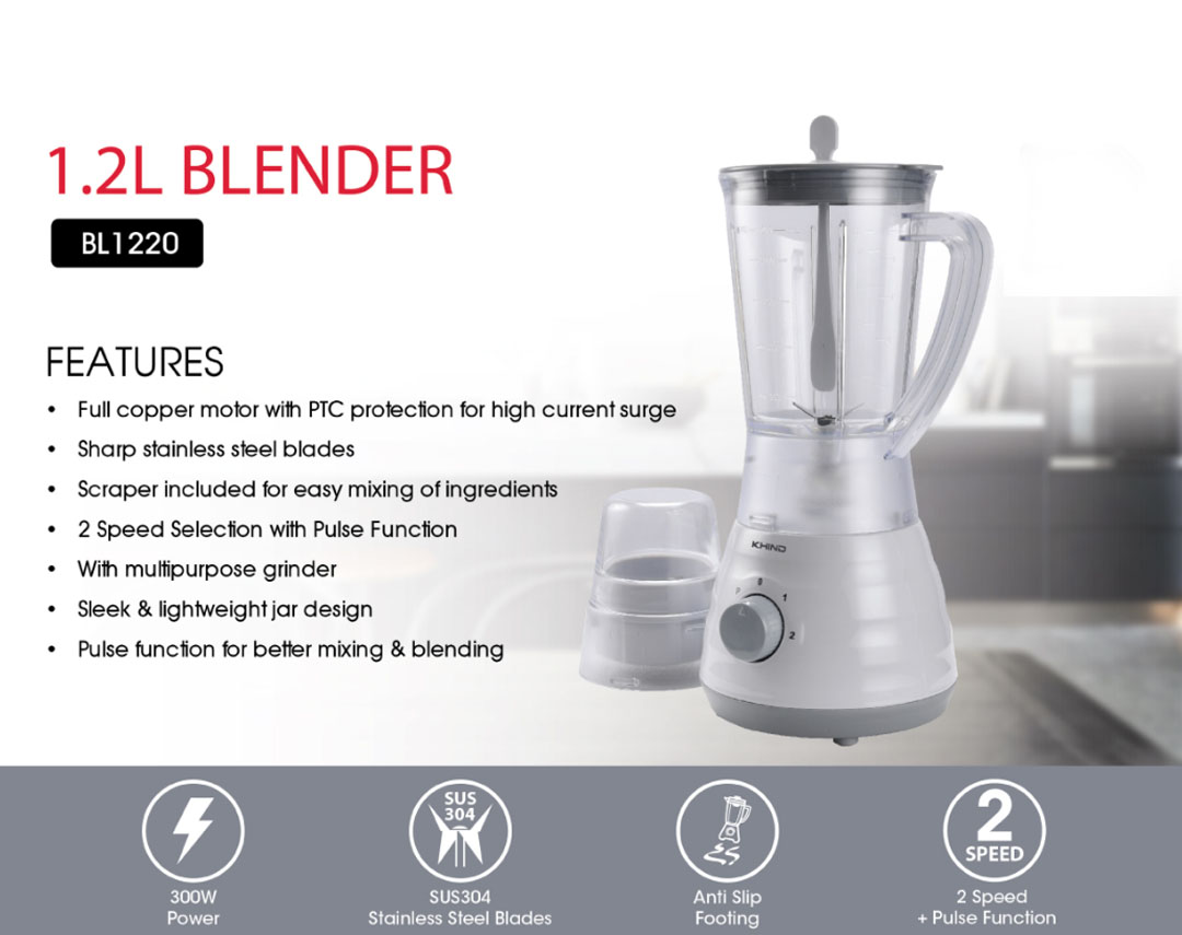KHIND 1.2L Blender BL1220 | Power 300W | 2 Speeds + Pulse Function | Stainless Steel Blades | Anti Slip Foot | Blender with 1 Year Waranty