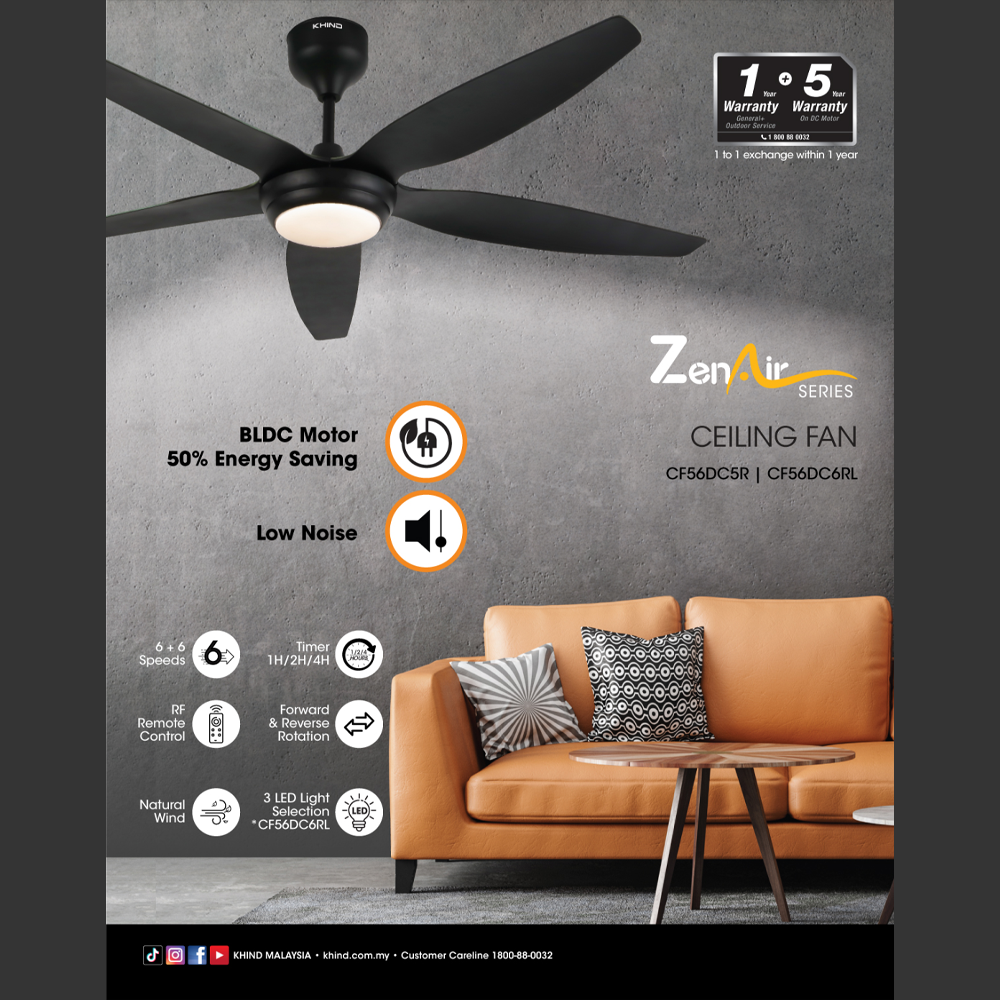 KHIND 56" ZenAir Ceiling Fan CF56DC5R | BLDC Motor 50% Energy Saving | Low Noise | 6+6 Speeds | Natural Wind