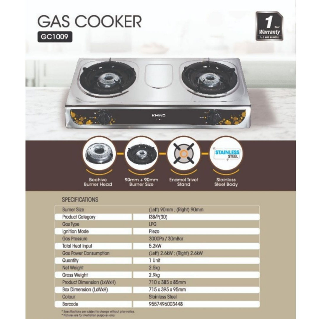 KHIND 2 Burners Gas Stove GC1009 | Beehive Burner Head | Stainless Steel Body | Enamel Trivel Stand | Gas Stove with 1 Year Warranty