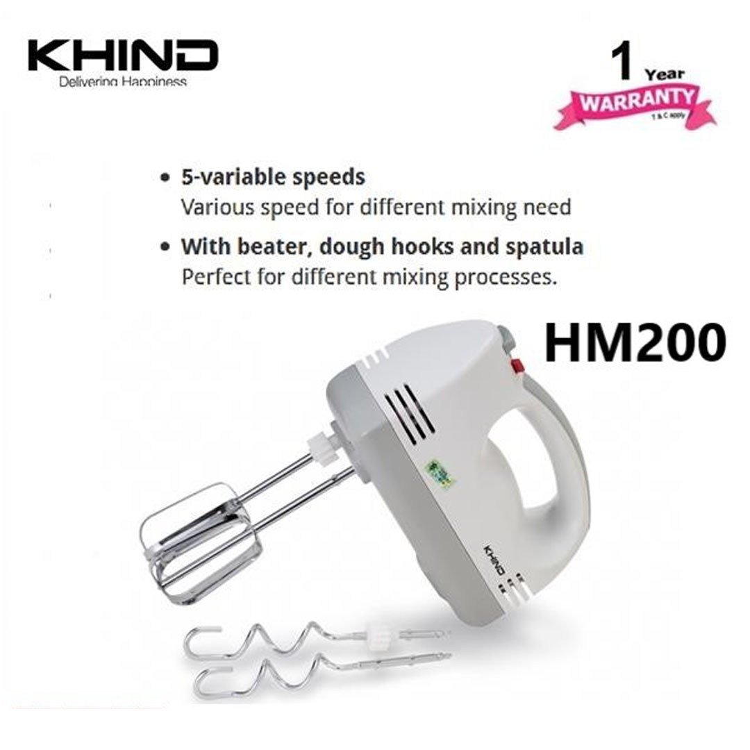 KHIND 160W Hand Mixer HM200 | 5 Variable Speeds | With Beater, Dough Hooks and Spatula | Hand Mixer with 1 Year Warranty