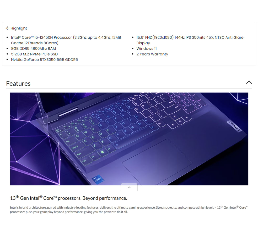 Lenovo LOQ 15IRH8 Laptop 82XV00WGMJ (Intel Core i5-12450H/ 8GB+512GB / 15.6-inch / ) | 170W Slim Tip (3-pin) | Windows 11 Home | AI Chip: LA1 | Laptop with 2 Years Warranty