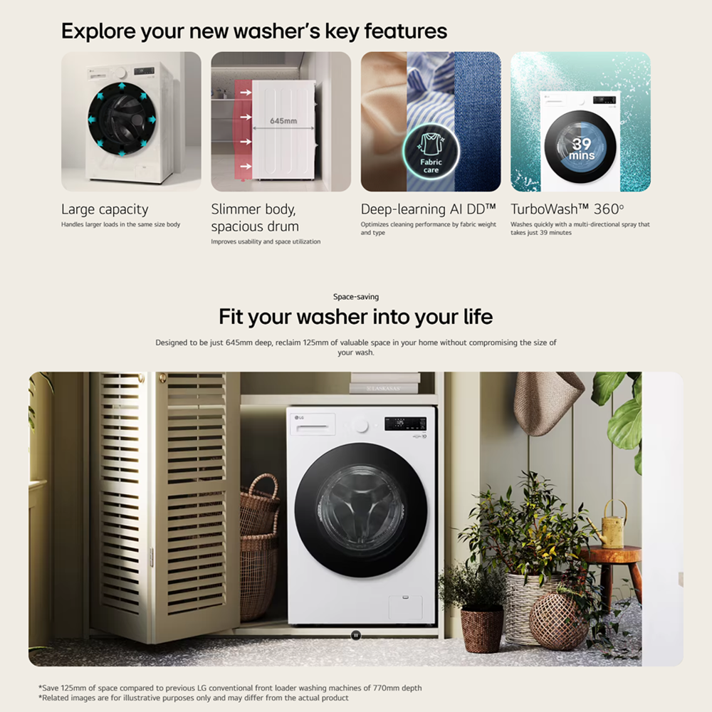 LazMallLG 15KG Slim Front Load Inverter Washing Machine with AI Direct Drive F2515SNTGE | AI Inverter Direct Drive | TurboWash 360 | Steam