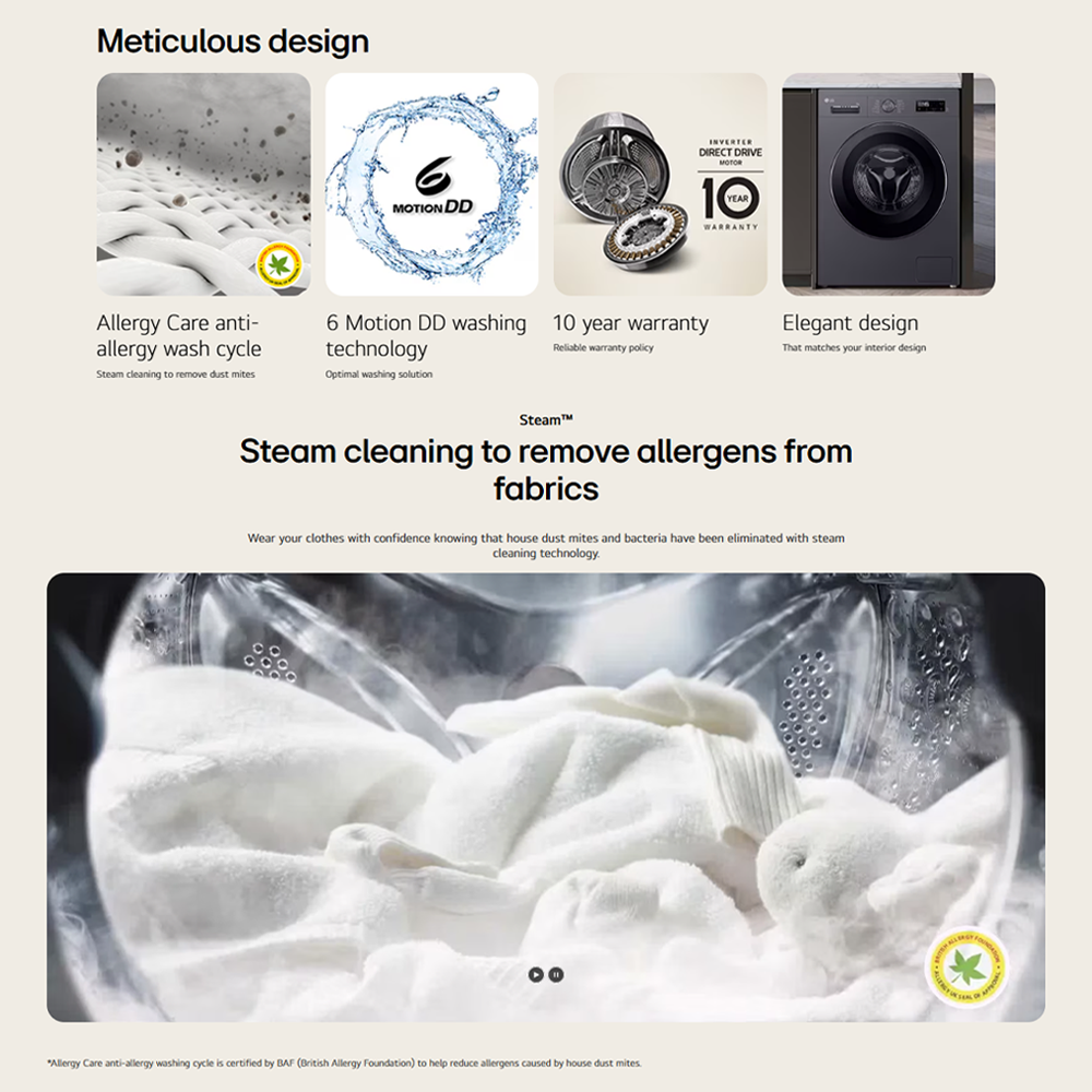 LG 9KG Front Load Washer with 6 Motion Inverter Direct Drive  FB1209S6M | Steam Technology | Tub Clean Washing Drum Cleaning Feature | Smart Diagnosis