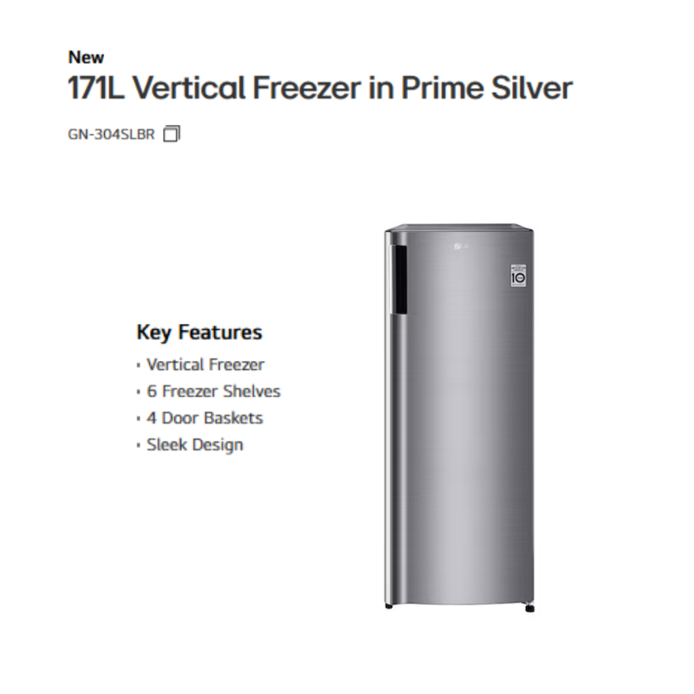 LG 171L Smart Inverter Upright Freezer GN-304SHBR / GN-304SLBR | Vertical Freezer | 6 Freezer Shelves | 4 Door Baskets | Sleek Design