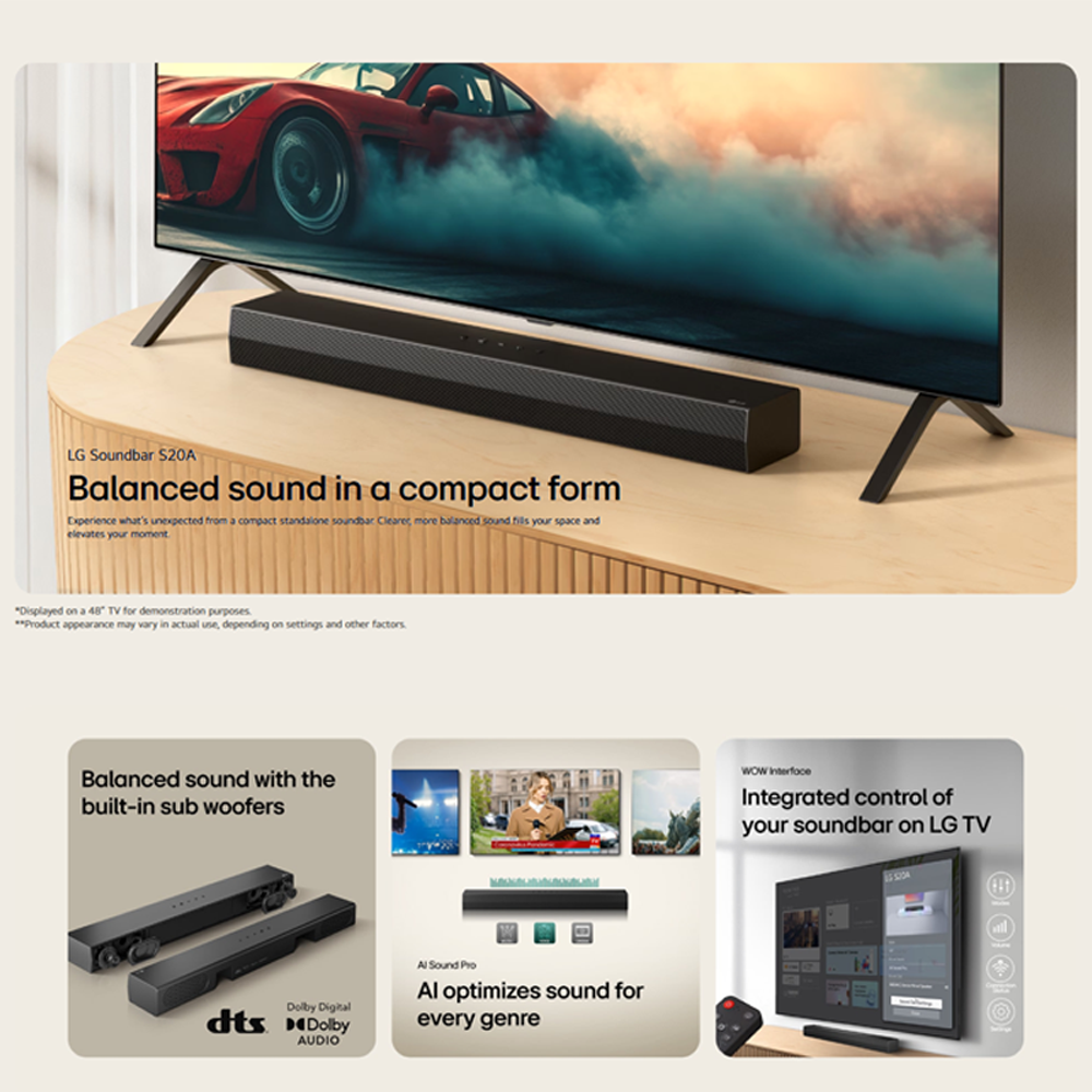 LG 50W 2.0ch Compact All-In-One Soundbar S20A | Dolby Digital | 2.0ch Acoustic Package | AI Sound Pro | TV Sound mode share